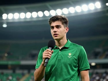 Candid portrait of a young male sports reporter holding a microphone, stadium floodlights blurred in the background, professional athletic editorial style.