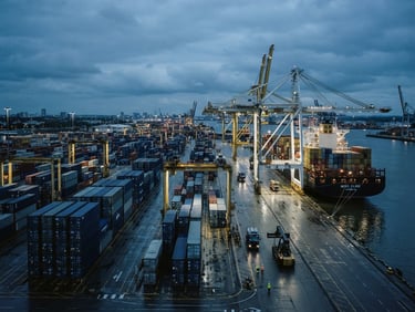 Wide environmental shot of a modern cargo port at dusk, stacks of deep blue shipping containers, sharp architectural lighting, cool overcast atmosphere, 35mm lens