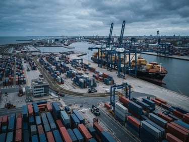 Wide environmental shot of a modern shipping port with cargo containers under cool overcast daylight, sharp architectural focus, 35mm lens