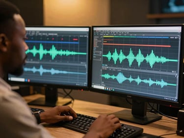 Cinematic medium close-up of a producer analyzing audio waveforms on a dual-monitor setup in a sleek Lagos studio, warm golden lighting.