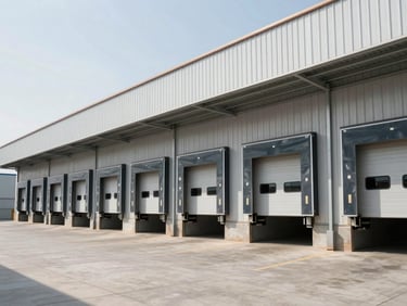 Industrial warehouse exterior with steel frames, loading docks, clean concrete driveway, clear daylight