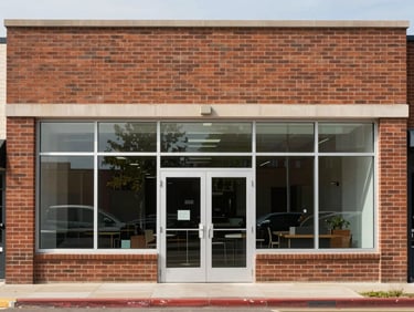 Straight-on architectural shot of a brick commercial storefront, clean glass windows, daytime