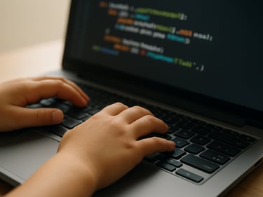 Close-up of a child's fingers on a laptop keyboard, Python script visible on screen mid-edit with colored syntax highlighting, bright indoor studio light