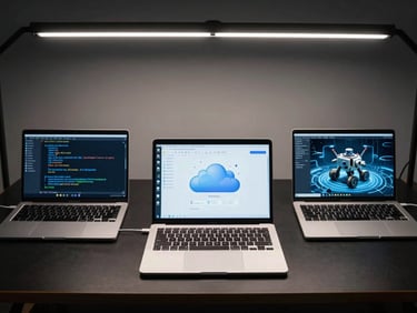 Overhead framing of three open laptops on a dark workbench showing Python, cloud dashboard, and robotics simulation screens simultaneously, cool LED strip lighting from above