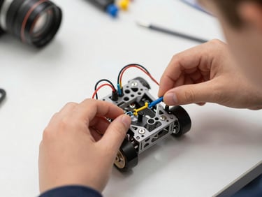 Close-up overhead of a child's hands assembling a small robot chassis on a white desk, bright studio lighting, colorful wires and screws visible, sharp focus on tiny fingers placing a component