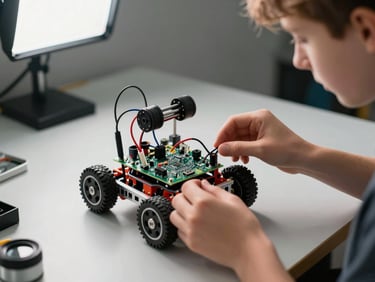 Teen's hands assembling a small wheeled robot chassis on a workbench, wires and circuit board visible mid-build, bright overhead studio daylight