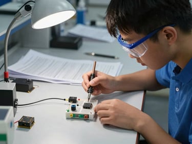 Young student soldering a sensor onto a breadboard at a lab bench, protective glasses on, cool overhead studio lighting, components and datasheets spread on the bench, hands in sharp focus