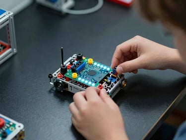 Close-up overhead shot of a child's hands assembling a small robotics kit on a dark lab bench, colorful circuit board components visible under cool LED light