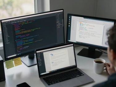 Overhead framing of a developer's desk with multiple code windows open on two monitors, Docker and Kubernetes dashboards visible, coffee cup and sticky notes at the edge, cool daylight from a side window