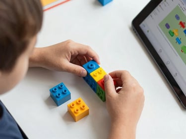 Close-up overhead flat-lay of a child's hands arranging colorful coding blocks on a bright white desk, natural daylight, Scratch interface visible on a tablet screen nearby