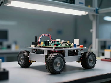 Wide shot of a small wheeled robot chassis on a flat surface, wires and a circuit board visible on top, overhead fluorescent lab lighting, no people