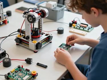 Wide environmental shot of a robotics kit mid-assembly on a workbench, wires and small motors visible, a teenager's hands holding a circuit board, bright natural daylight from overhead