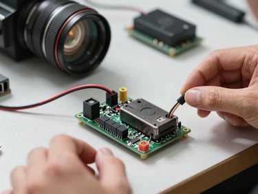 A proximity sensor and small motor module connected by wires to a microcontroller on a workbench, bright daylight from the left, hands partially visible adjusting a connection