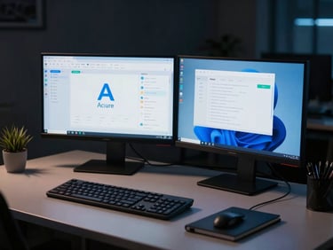 Wide shot of a professional's dual-monitor setup showing Azure portal dashboards at night, cool blue screen glow on the desk surface, keyboard and notebook in foreground, dark ambient environment