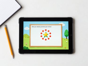 Overhead flat-lay of a child's tablet showing a colorful Scratch project mid-build, a pencil and notebook beside it, bright studio daylight, clean white desk surface