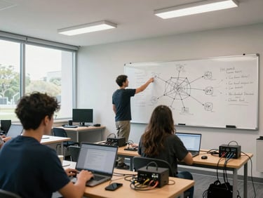Wide shot of a training room mid-session, instructor at a whiteboard covered in network diagram notes, two participants visible from behind at laptops, natural daylight through large windows, practical overhead fluorescent lighting, cables and lab equipment on desks