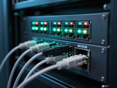 Close-up of a network rack with blinking indicator lights in a dark server room, cool cyan LED ambient glow, patch cables in foreground, shallow depth of field