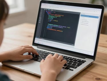 Close-up of a child's hands at a laptop, screen showing a Python script with visible variable names and a simple output window, bright indoor ambient light, wooden desk