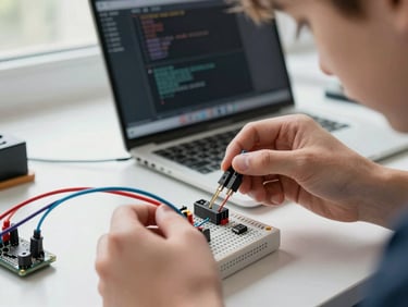 Close-up of a teenager's hands wiring a breadboard circuit under bright natural window light, colorful jumper cables and a microcontroller visible, code visible on a laptop screen in the shallow background