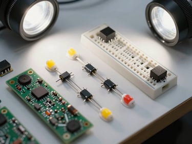 Overhead close-up of electronic components — resistors, LEDs, and a breadboard — laid out on a white surface under bright studio light, mid-assembly