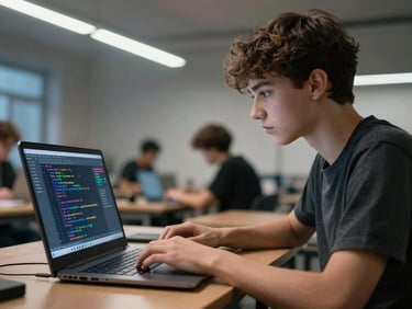 Teen student at a laptop in a dim classroom, screen showing Python IDE with colored syntax highlighting, hands on keyboard, concentrated expression, cool LED strip light overhead, blurred classmates in background