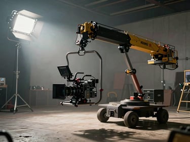 Cinematic wide-angle shot of a commercial film set, heavy camera rig on a crane, dramatic studio lighting cutting through haze