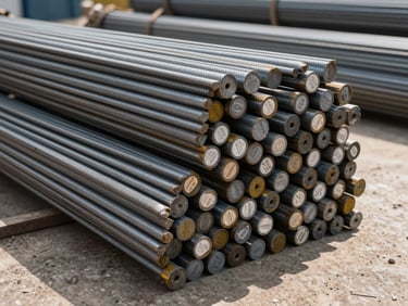 Stacked Rungta Steel TMT bar bundles in a warehouse, stamped grade labels visible on the ends, overhead natural daylight, concrete floor, no people