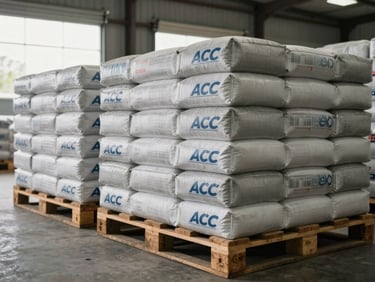Rows of ACC cement bags stacked on wooden pallets in a warehouse, ACC branding on the bags, natural daylight from loading bay doors, no people