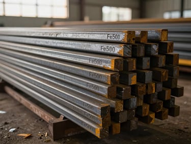 Close-up of Jindal Panther TMT steel bars in a warehouse rack, ribbed surface with Fe500 grade stamp clearly visible, natural daylight from a high window, warm steel tones