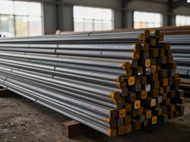 Close-up of bundled Jindal Panther TMT steel bars in a warehouse, grade markings visible on the bar ribs, natural side-light from a high window, no people