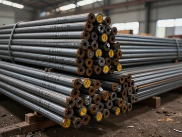 Stacked Rungta Steel TMT bars in a storage yard, overhead natural light, grade markings Fe500D visible on bar ends, industrial warehouse background