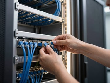 A certified network technician neatly organizing blue ethernet patch cables inside a wall-mounted server rack, bright work light illuminating the metallic frame.