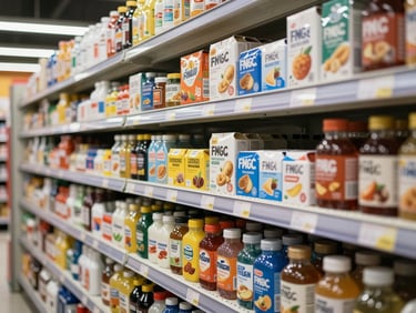 A close-up, high-density shot of organized retail shelves in a modern supermarket, showcasing perfectly aligned FMCG products with bright, professional commercial lighting.