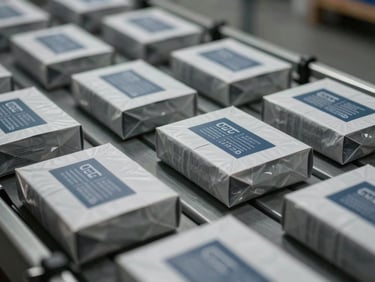 Close-up of commercial product packaging on a conveyor belt in a distribution center, sharp focus, desaturated steel tones, emphasizing systematic fulfillment.