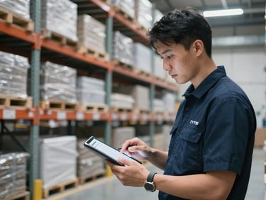 Supply chain professional reviewing manifests on a tablet in a clean, high-density warehouse, cool neutral lighting, organized industrial shelving in background.