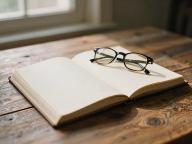 A close-up of a rustic wooden table with an open journal and a pair of glasses, soft morning light, 35mm film aesthetic