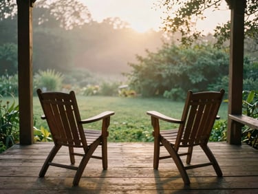 Two empty chairs on an old wooden porch looking out over a misty green garden, golden hour