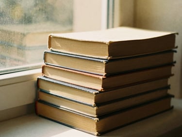 A stack of old linen-bound books resting on a window sill, sun-dappled light, warm organic tones