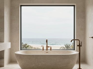 Modern master bathroom, brushed bronze fixtures, freestanding limestone tub, large window with soft coastal daylight, clean architectural lines