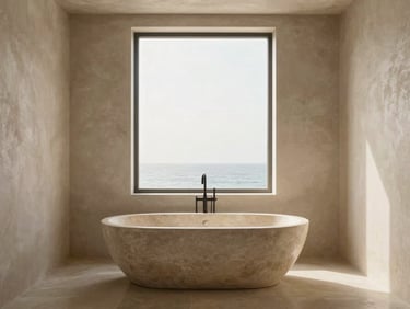 Minimalist luxury bathroom with a freestanding stone tub, textured plaster walls, and warm light filtering through a high window.