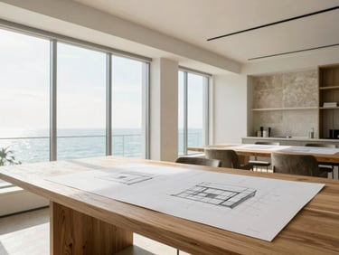 A bright modern design studio in Miami with architectural drawings on a large oak table, natural daylight streaming through high windows, minimal and clean