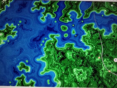 Close-up of a high-precision GIS mapping interface displaying complex terrain elevation and climate risk zones in deep blues and forest greens, sharp focus