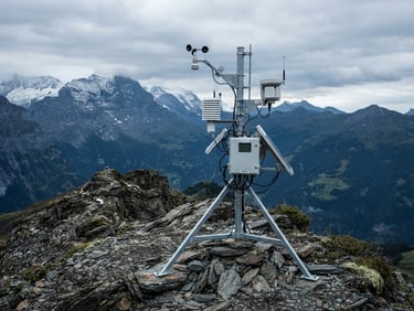 Crisp scientific photography of a precision high-altitude meteorological station on a rocky ridge under cool overcast daylight, deep blue and forest green tones, sharp focus, 35mm lens.
