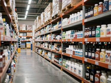 Wide shot of organized retail consumer goods on clean warehouse shelving under bright overhead industrial lighting, product batches aligned in rows showing scale and order, no people
