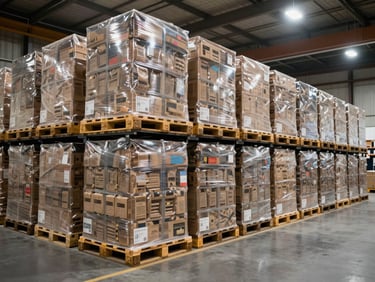 Wide warehouse interior showing pallets of industrial supply goods stacked in systematic rows under hard directional overhead light, clean floor visible, scale evident, no people