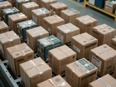 Overhead close-up of sorted fast-moving commodity goods in labeled shipping cartons on a logistics sorting floor under bright even industrial lighting, organized and dense, no people