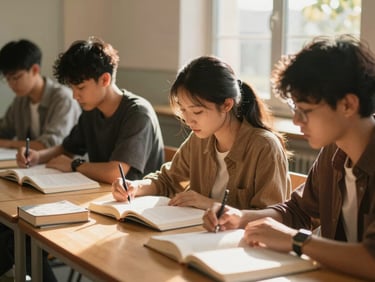 Candid shot of students in a focused learning environment, working together over books, warm golden hour light pouring through a window