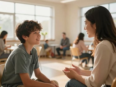 A counselor talking warmly with a teenager in a bright, modern community center room, soft focus background, natural lighting.