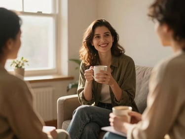 A supportive counselor sitting in a warm, comfortable office space with a client, holding a mug, soft morning light.