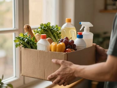 Candid close-up of hands gently passing a box of fresh groceries and household essentials to another person, warm indoor window lighting.